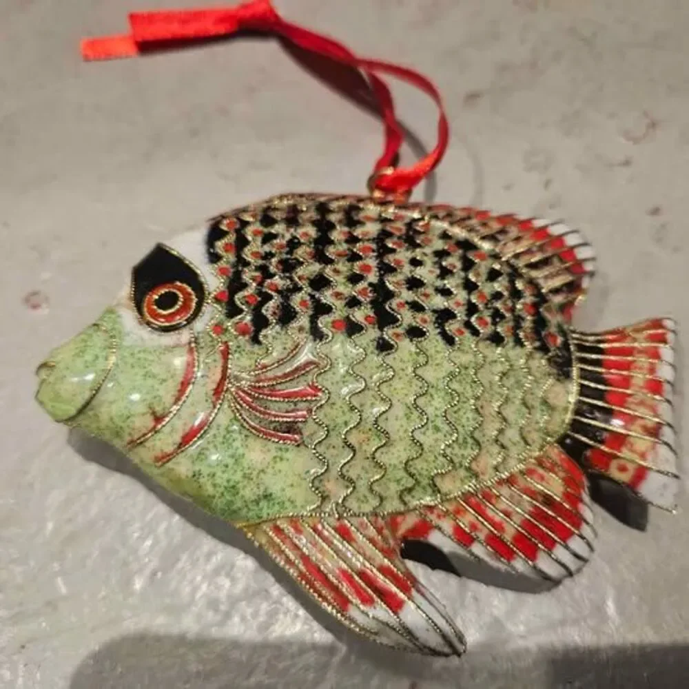 Metal Cloisonne Fish Ornament with Red Ribbon and Gift Box 3